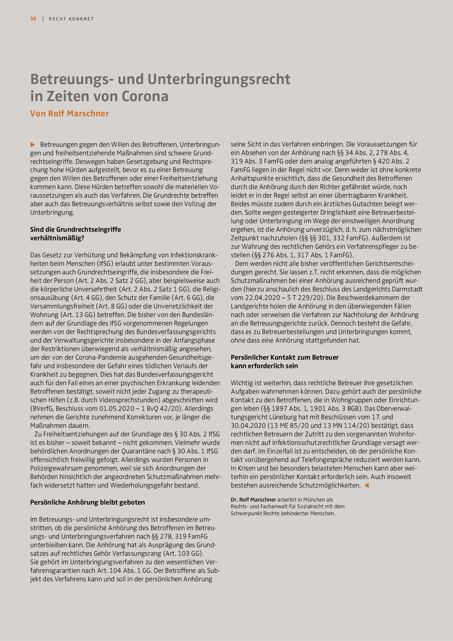 Vorschauseite 1: Betreuungs- und Unterbringungsrecht in Zeiten von Corona