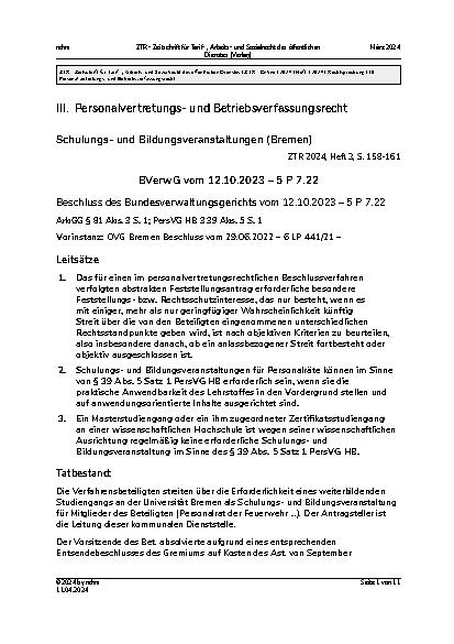 Vorschauseite 1: III. Personalvertretungsund Betriebsverfassungsrecht Schulungsund Bildungsveranstaltungen (Bremen)