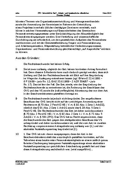 Vorschauseite 3: III. Personalvertretungsund Betriebsverfassungsrecht Schulungsund Bildungsveranstaltungen (Bremen)