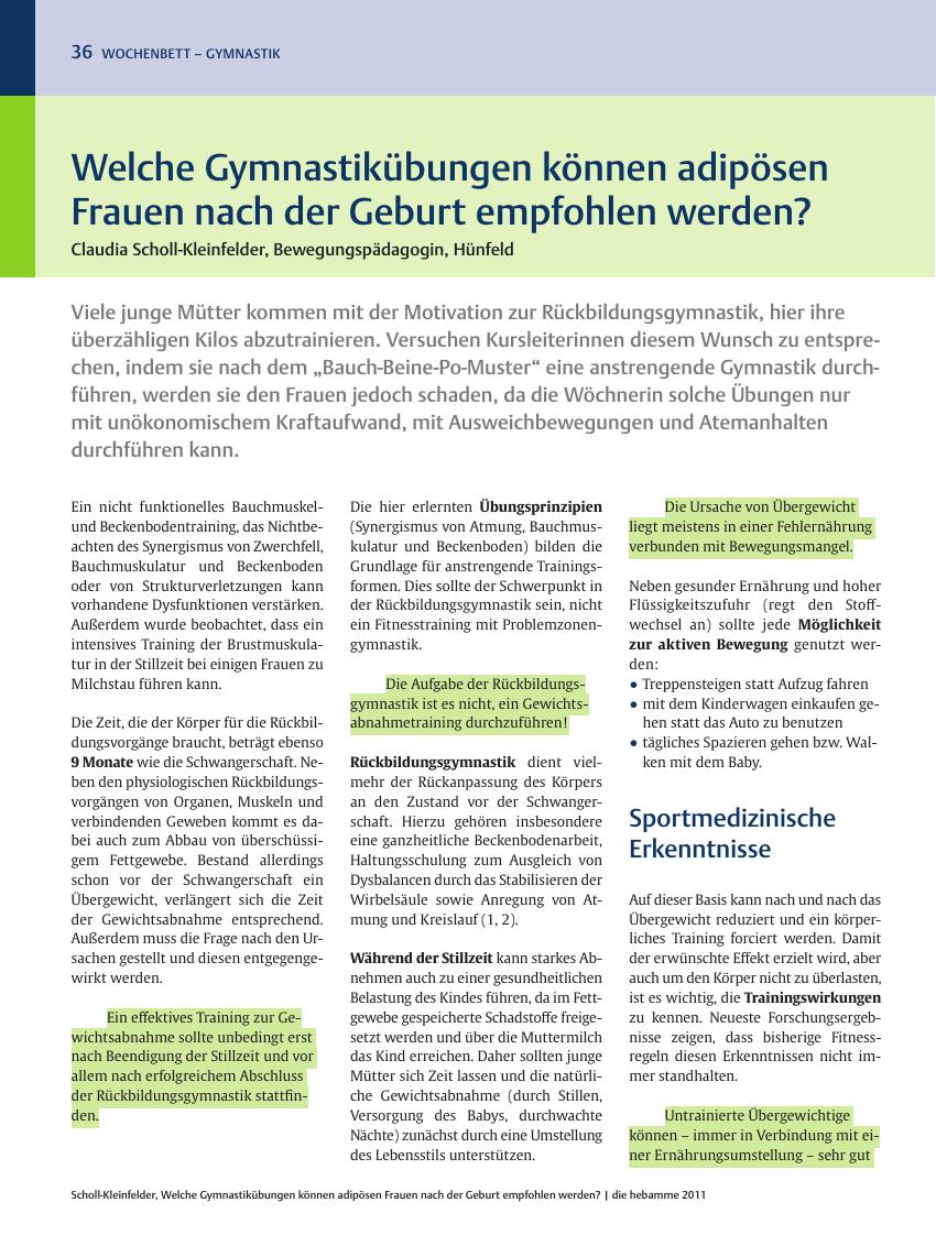 Vorschauseite 1: Welche Gymnastikübungen können adipösen Frauen nach der Geburt empfohlen werden?