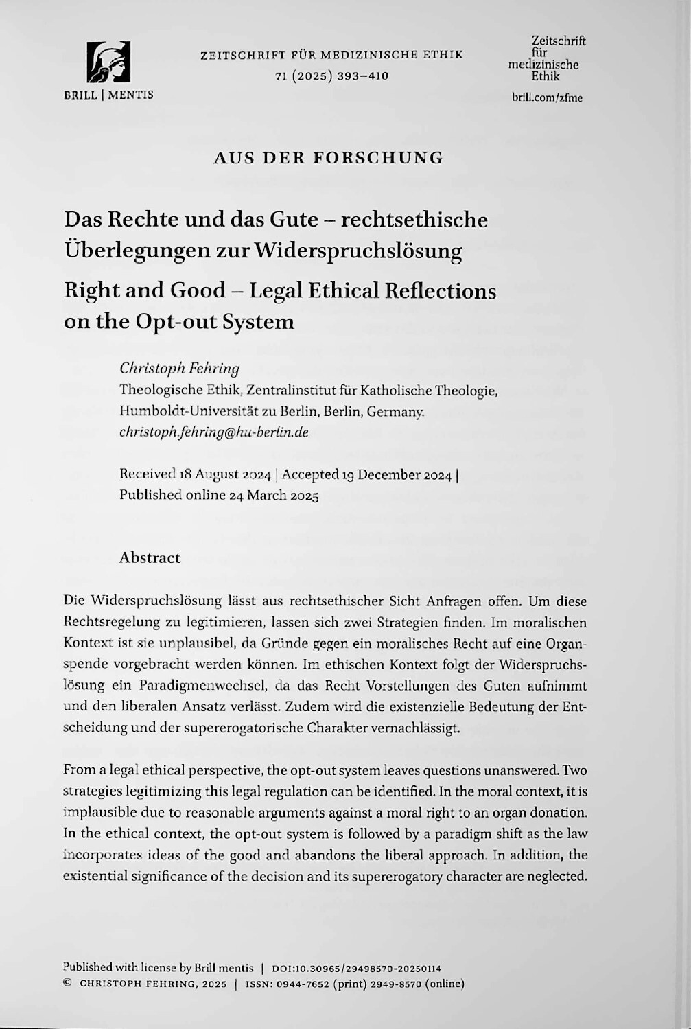 Vorschauseite 1: Das Rechte und das Gute – rechtsethische Überlegungen zur Widerspruchslösung