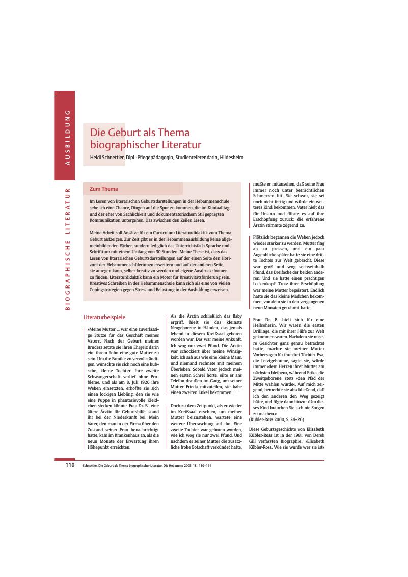 Vorschauseite 1: Die Geburt als Thema biographischer Literatur