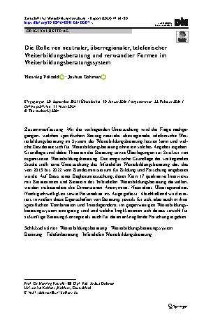 Vorschauseite 1: Die Rolle von neutraler, überregionaler, telefonischer Weiterbildungsberatung und verwandter Formen im Weiterbildungsberatungssystem
