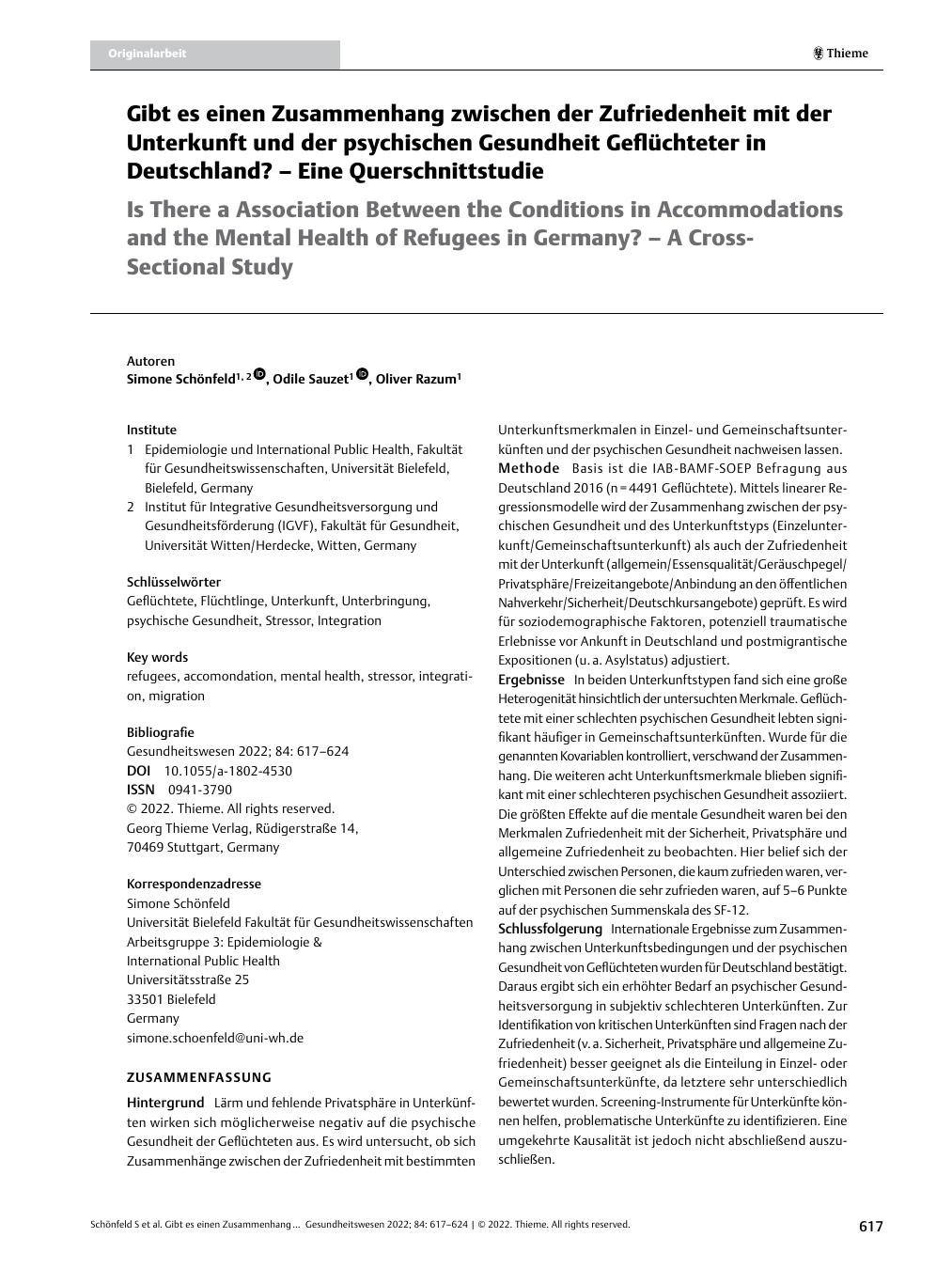 Vorschauseite 1: Gibt es einen Zusammenhang zwischen der Zufriedenheit mit der Unterkunft und der psychischen Gesundheit Geflüchteter in Deutschland? – Eine Querschnittsstudie