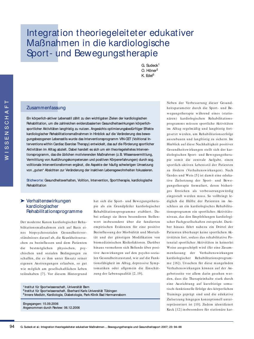 Vorschauseite 1: Integration theoriegeleiteter edukativer Maßnahmen in die kardiologische Sportund Bewegungstherapie