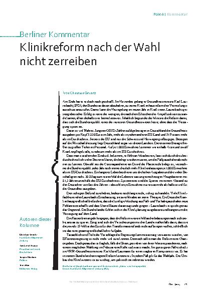 Vorschauseite 1: Klinikreform nach der Wahl nicht zerreiben