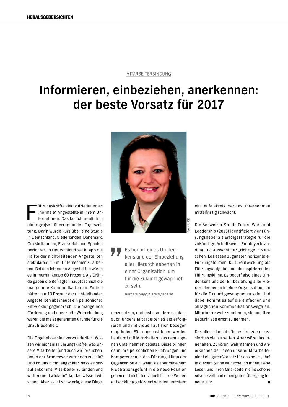 Vorschauseite 1: Mitarbeiterbindung: Informieren, einbeziehen, anerkennen: der beste Vorsatz für 2017