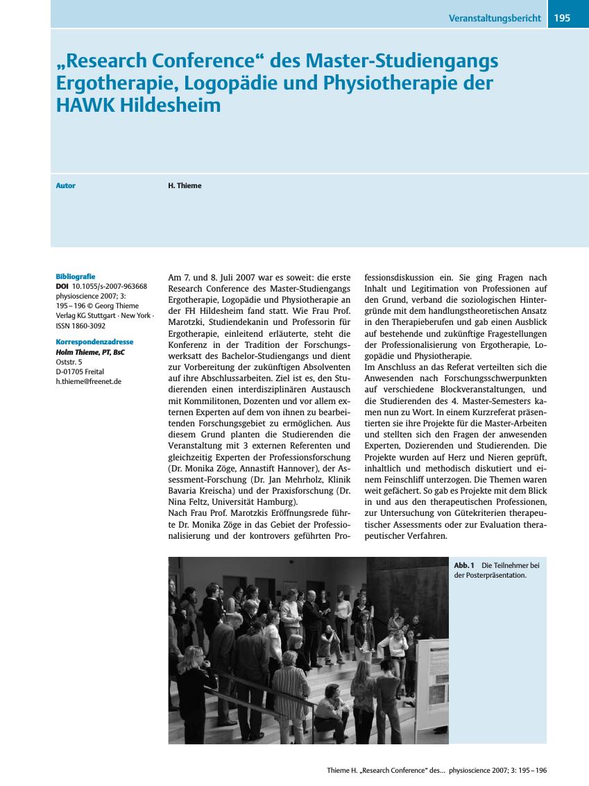 Vorschauseite 1: ?Research Conference? des Master-Studiengangs Ergotherapie, Logopädie und Physiotherapie der HAWK Hildesheim