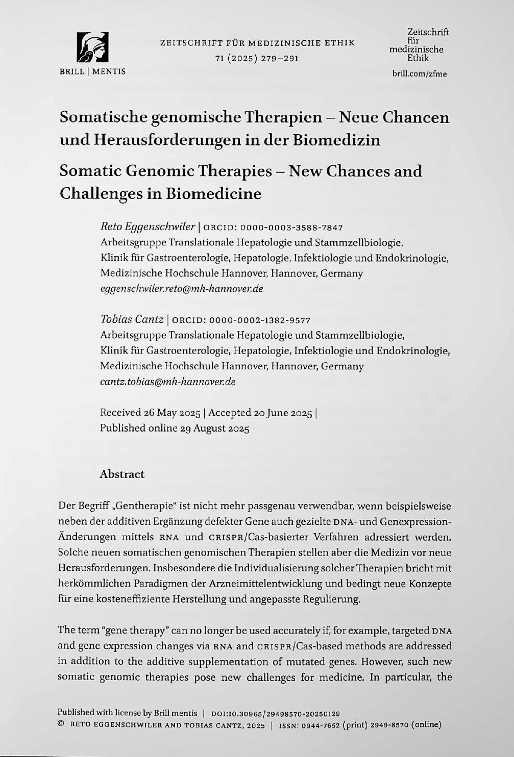 Vorschauseite 1: Somatische genomische Therapien – Neue Chancen und Herausforderungen in der Biomedizin