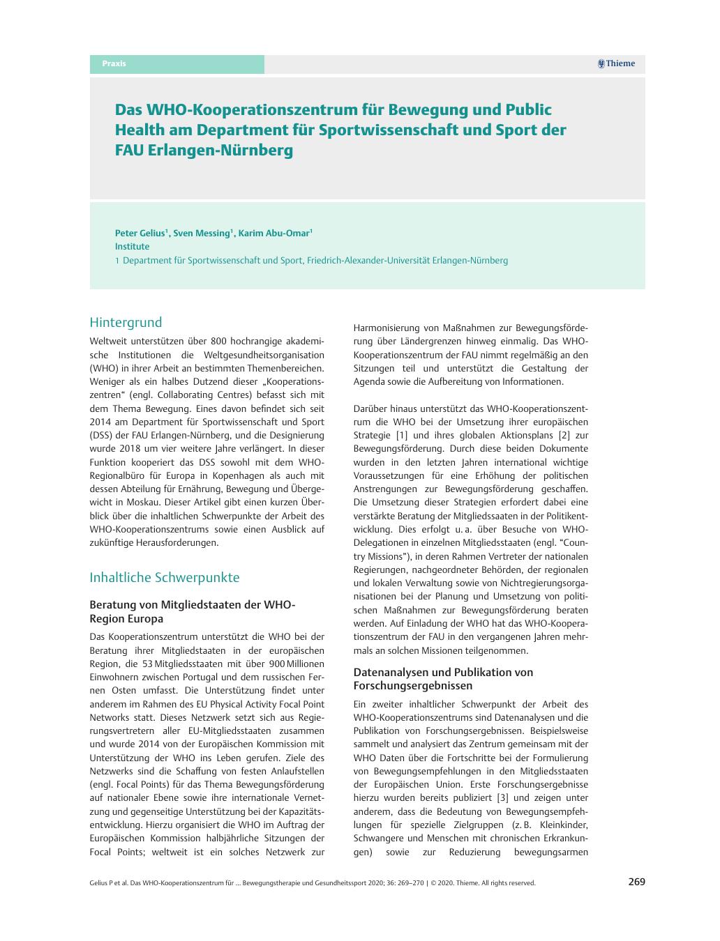Vorschauseite 1: Das WHO-Kooperationszentrum für Bewegung und Public Health am Department für Sportwissenschaft und Sport der FAU Erlangen-Nürnberg.
