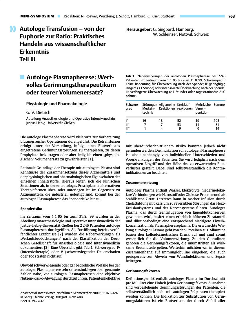 Vorschauseite 1: Autologe Plasmapherese: Wertvolles Gerinnungstherapeutikum oder teurer Volumenersatz?