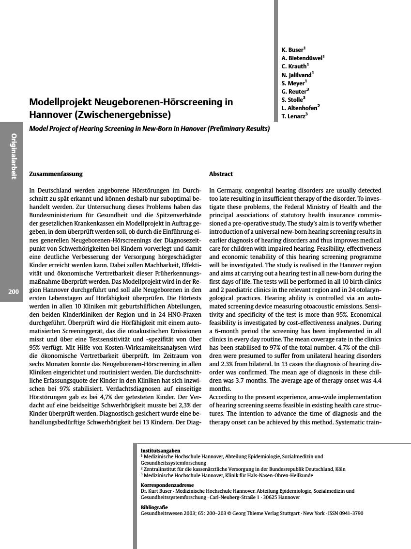 Vorschauseite 1: Modellprojekt Neugeborenen-Hörscreening in Hannover (Zwischenergebnisse)