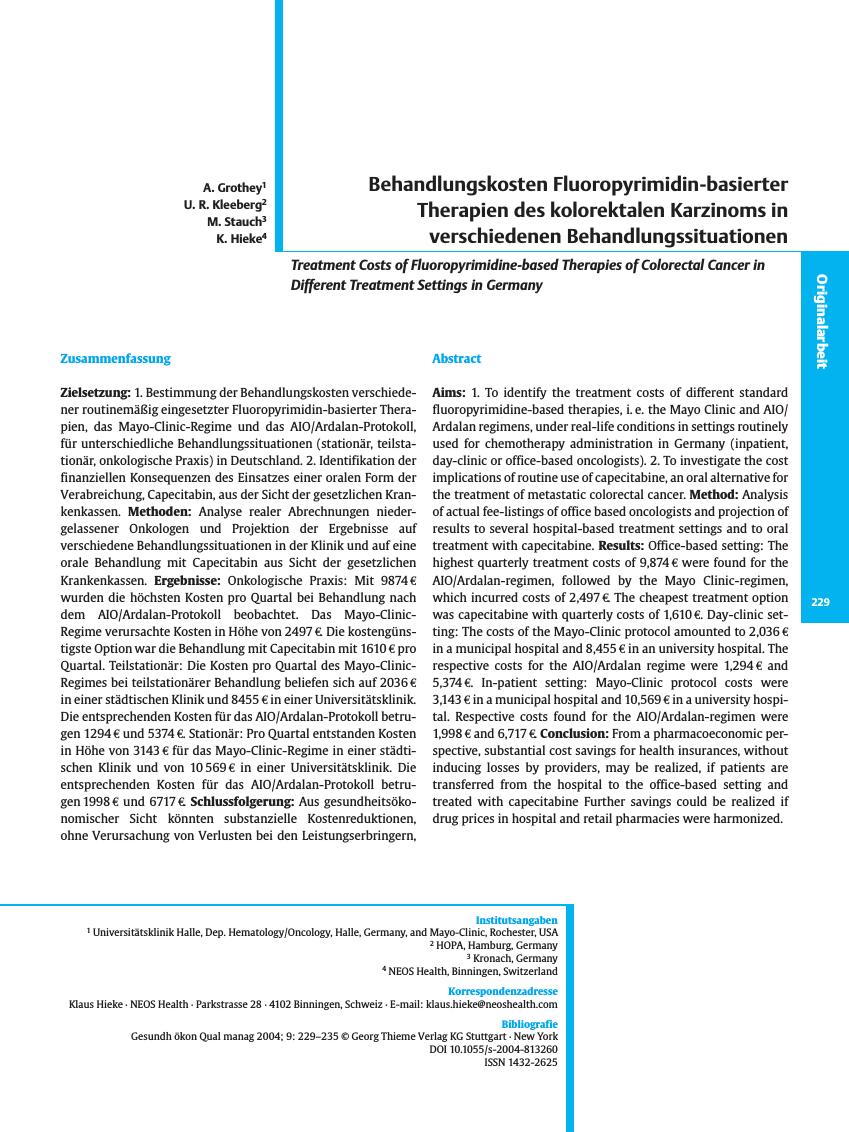 Vorschauseite 1: Behandlungskosten Fluoropyrimidin-basierter Therapien des kolorektalen Karzinoms in verschiedenen Behandlungssituationen