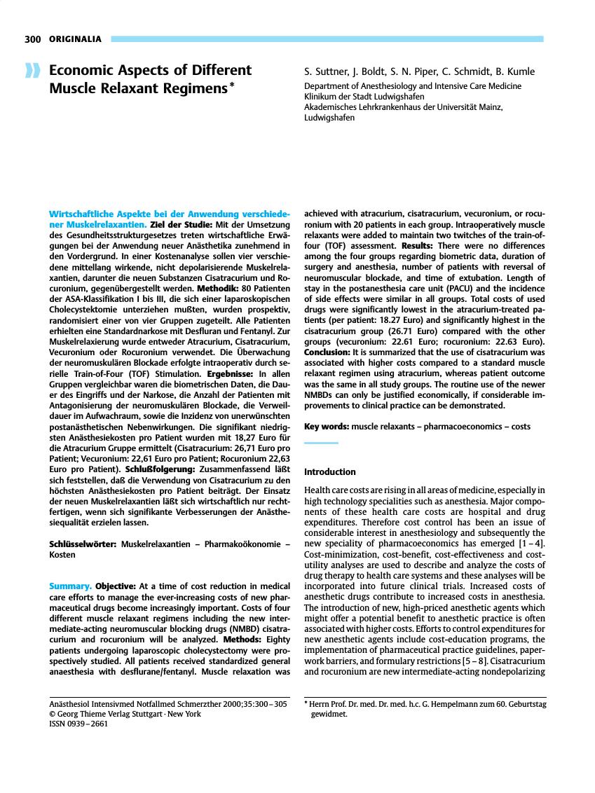 Vorschauseite 1: Economic Aspects of Different Muscle Relaxant Regimens*