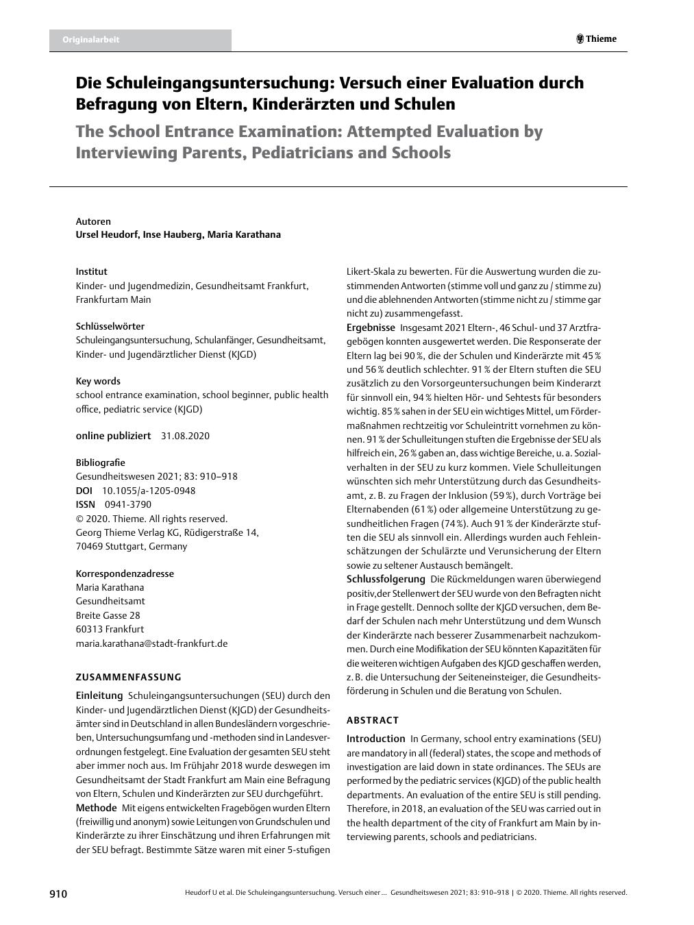 Vorschauseite 1: Die Schuleingangsuntersuchung: Versuch einer Evaluation durch Befragung von Eltern, Kinderärzten und Schulen