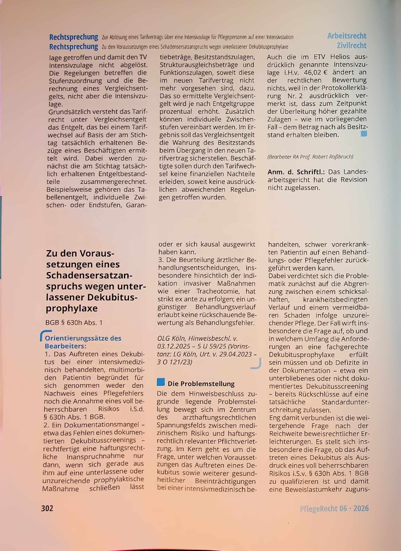 Vorschauseite 1: Zu den Voraussetzungen eines Schadensersatzanspruchs wegen unterlassener Dekubitusprophylaxe