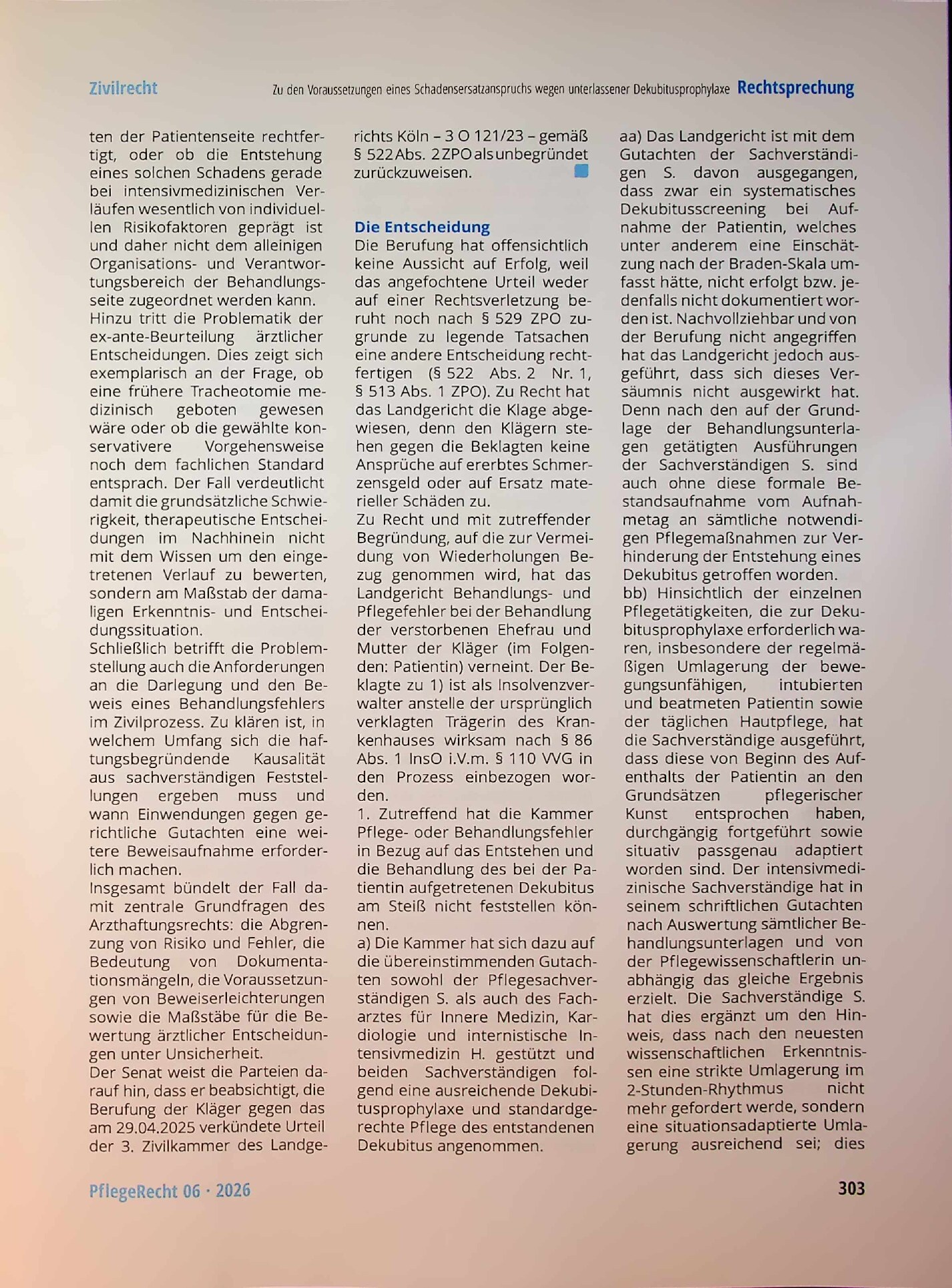 Vorschauseite 2: Zu den Voraussetzungen eines Schadensersatzanspruchs wegen unterlassener Dekubitusprophylaxe