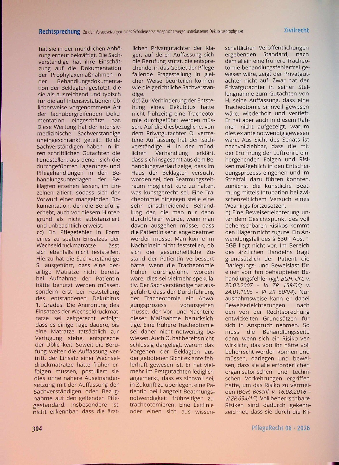 Vorschauseite 3: Zu den Voraussetzungen eines Schadensersatzanspruchs wegen unterlassener Dekubitusprophylaxe
