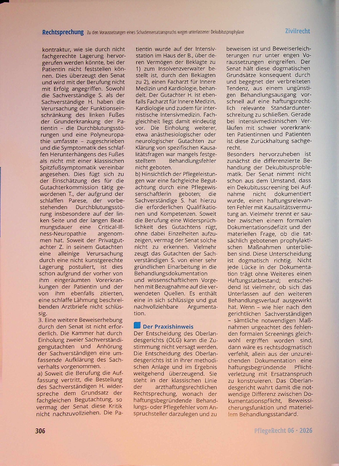 Vorschauseite 5: Zu den Voraussetzungen eines Schadensersatzanspruchs wegen unterlassener Dekubitusprophylaxe