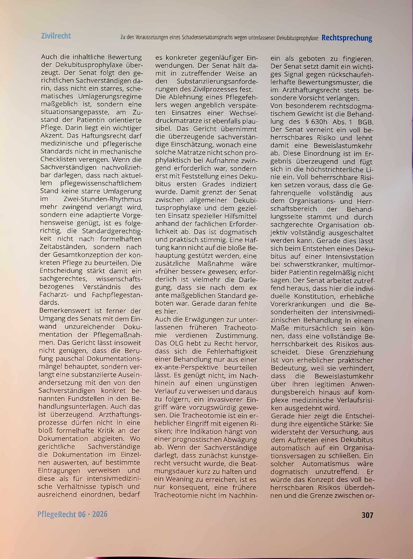 Vorschauseite 6: Zu den Voraussetzungen eines Schadensersatzanspruchs wegen unterlassener Dekubitusprophylaxe