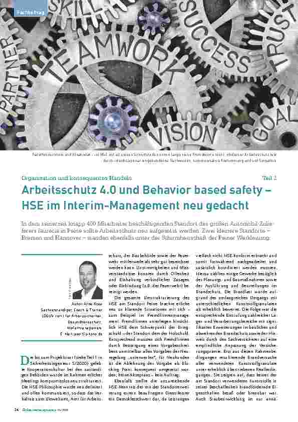 Vorschauseite 1: Organisation und konsequentes Handeln Teil 2 Arbeitsschutz 4.0 und Behavior-based Safety – HSE im Interim-Management neu gedacht.