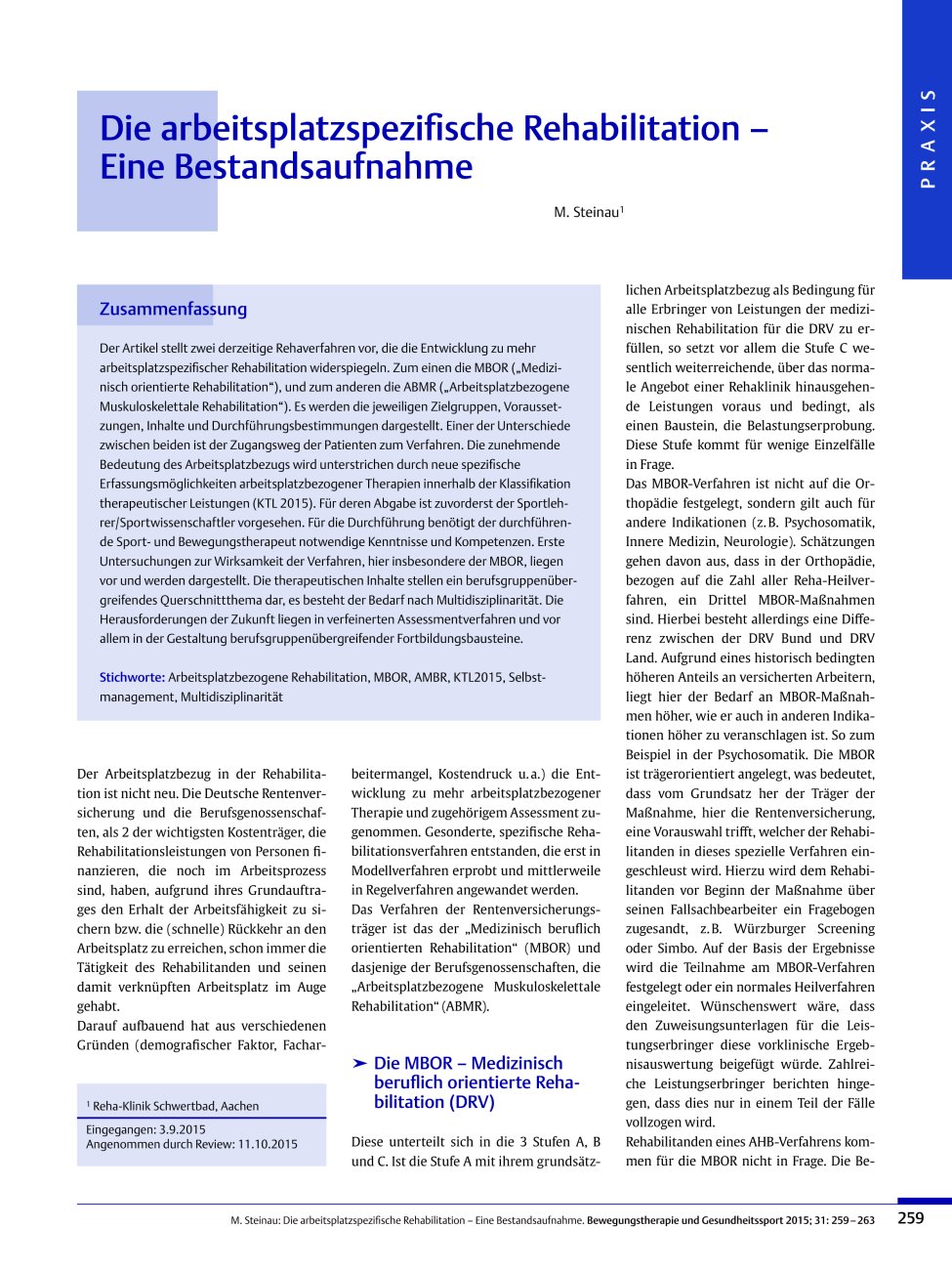Vorschauseite 1: Die arbeitsplatzspezifische Rehabilitation – Eine Bestandsaufnahme