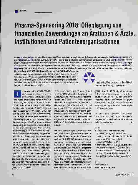 Vorschauseite 1: Pharma-Sponsoring 2018: Offenlegung von finanziellen Zuwendungen an Ärztinnen & Ärzte, Institutionen und Patientenorganisationen