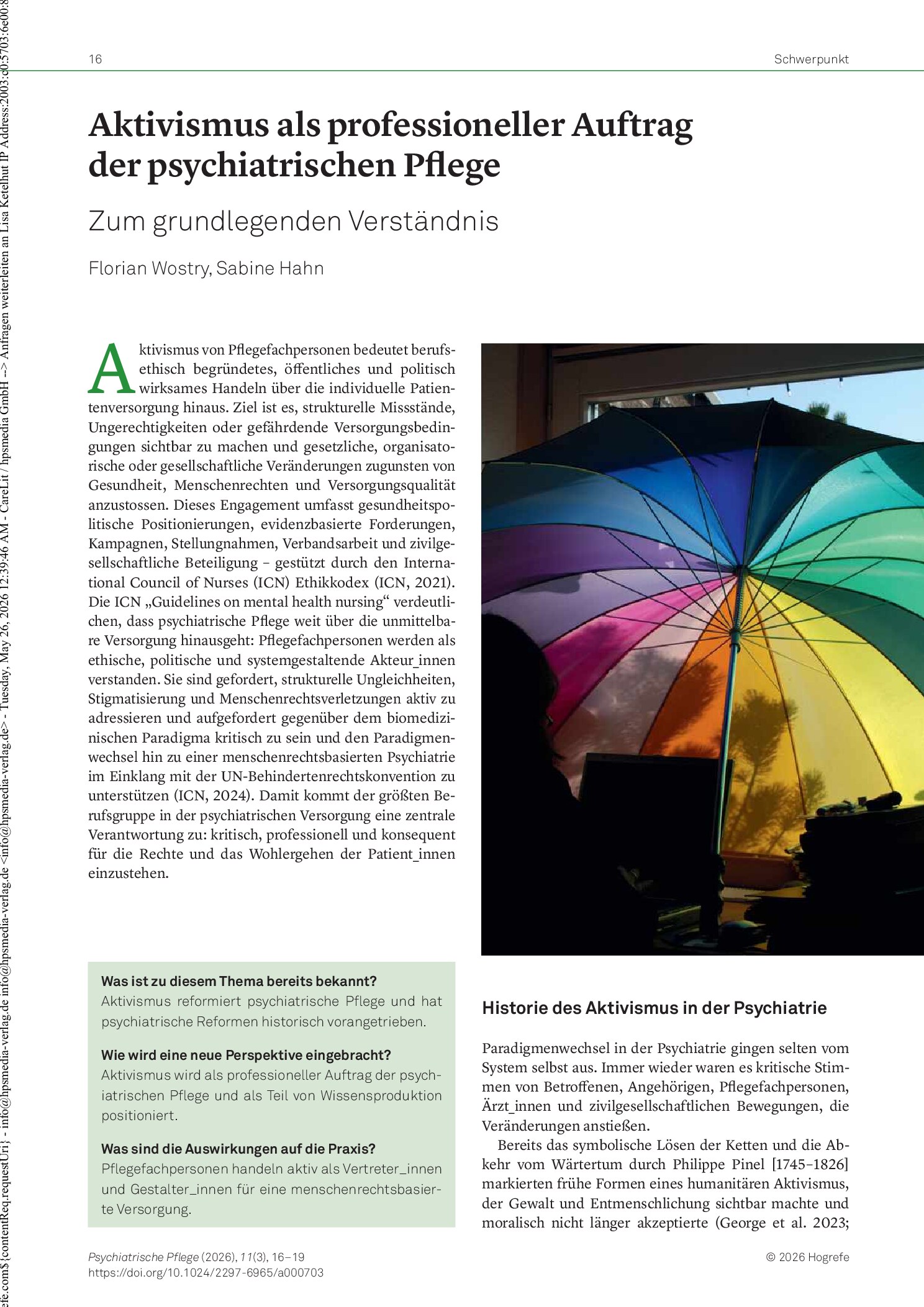 Vorschauseite 1: Aktivismus als professioneller Auftrag der psychiatrischen Pflege