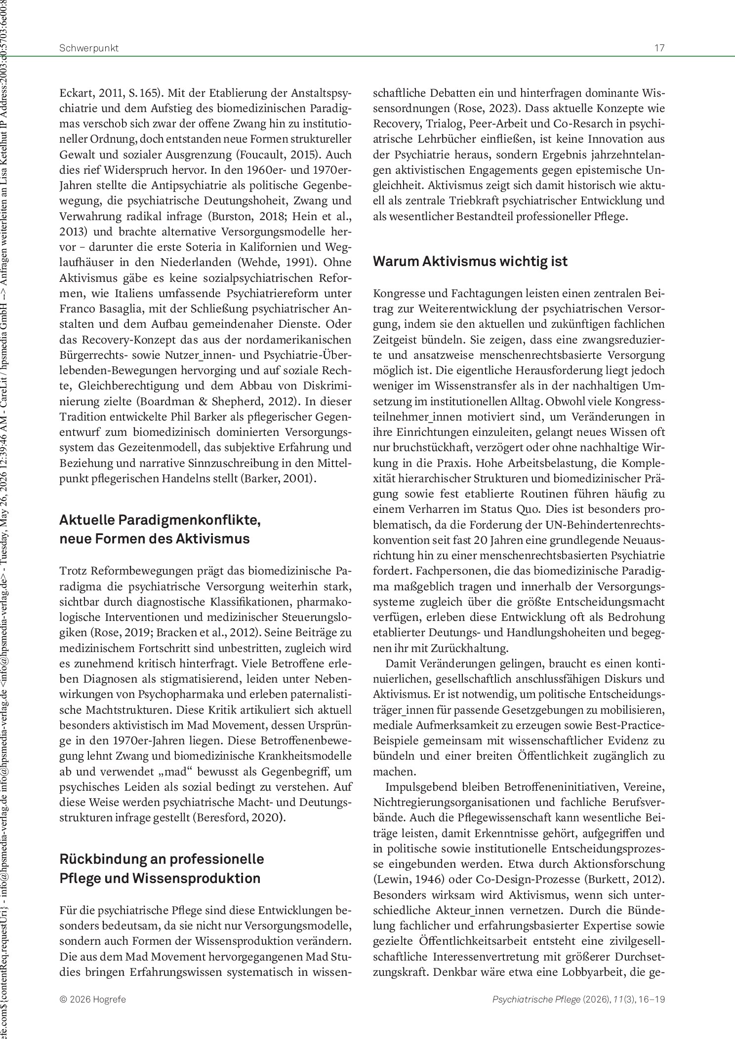 Vorschauseite 2: Aktivismus als professioneller Auftrag der psychiatrischen Pflege