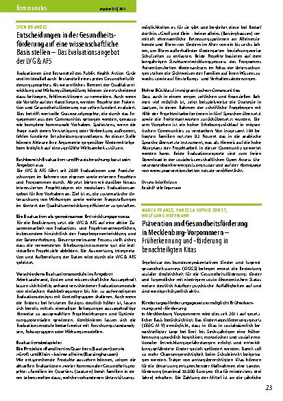 Vorschauseite 1: Prävention und Gesundheitsförderung in Mecklenburg-Vorpommern – Früherkennung und -förderung in benachteiligten Kitas