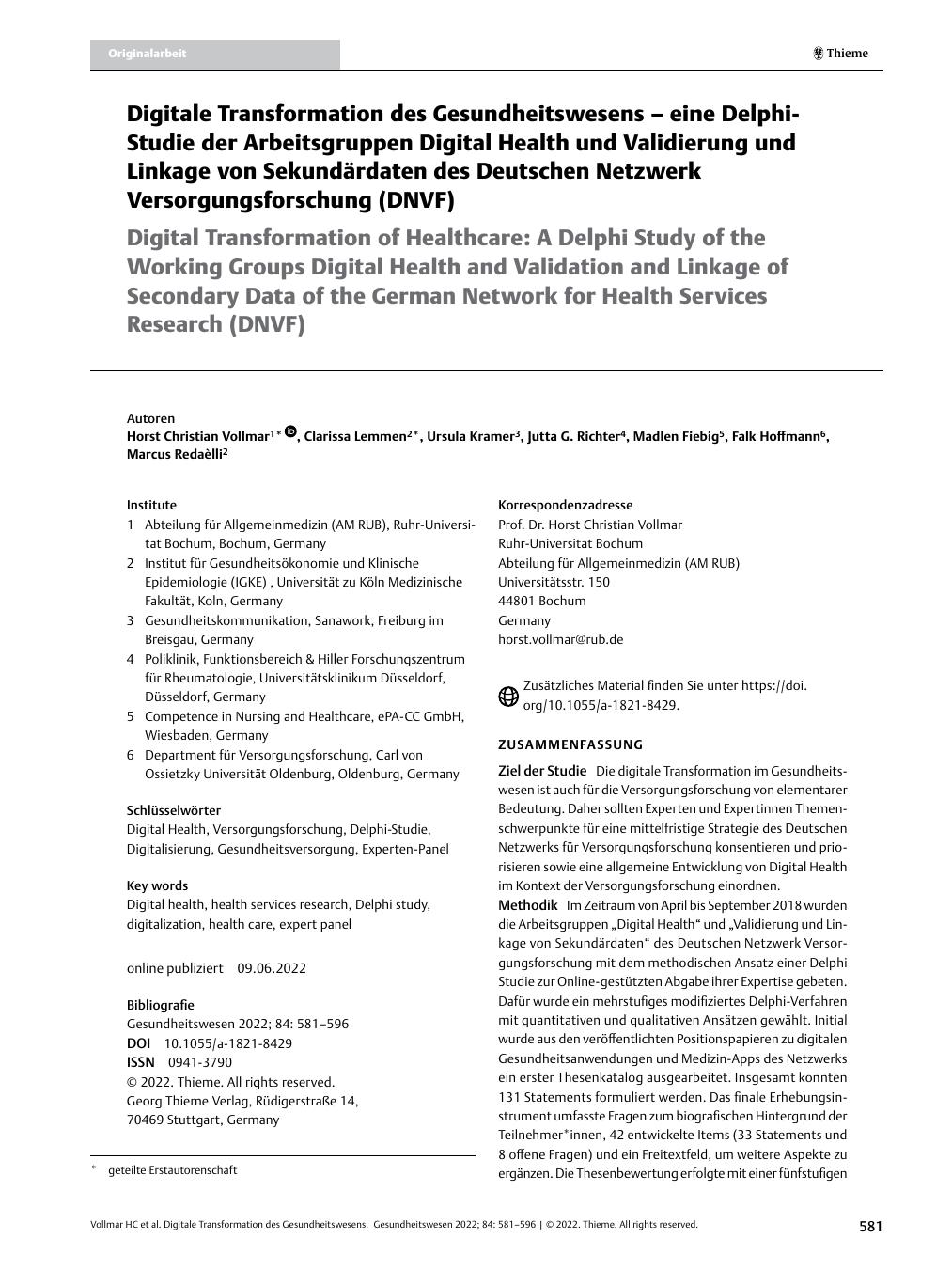 Vorschauseite 1: Digitale Transformation des Gesundheitswesens – eine Delphi-Studie der Arbeitsgruppen Digital Health und Validierung und Linkage von Sekundärdaten des Deutschen Netzwerks Versorgu…