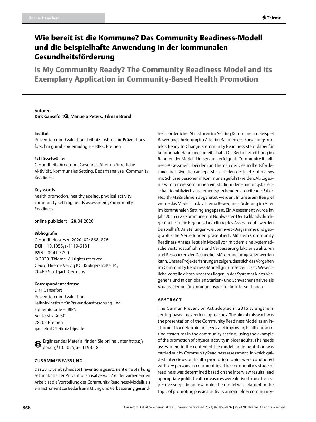 Vorschauseite 1: Wie bereit ist die Kommune? Das Community Readiness-Modell und die beispielhafte Anwendung in der kommunalen Gesundheitsförderung.