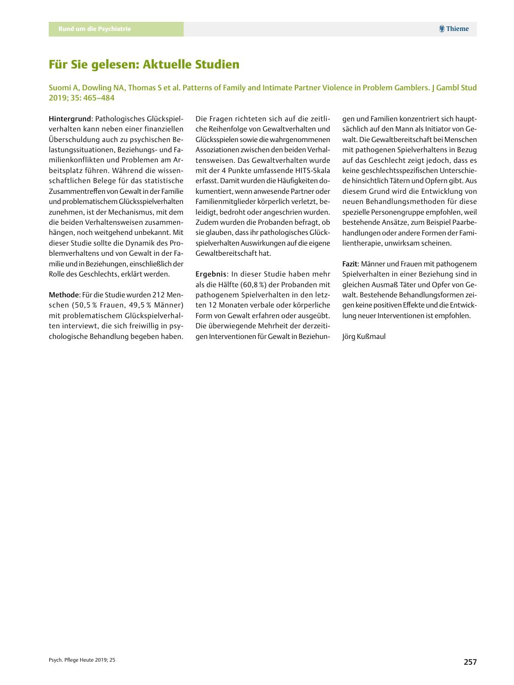 Vorschauseite 1: Für Sie gelesen: Aktuelle Studien: Suomi A, Dowling NA, Thomas S et al. Patterns of Family and Intimate Partner Violence in Problem Gamblers. J Gambl Stud 2019; 35: 465? 484