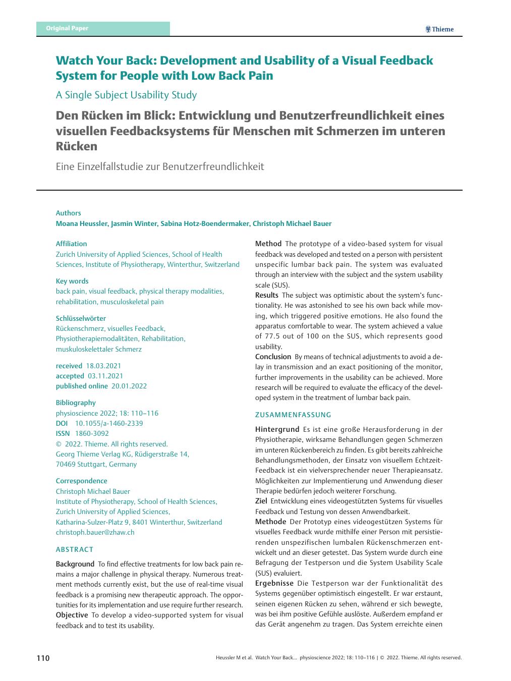 Vorschauseite 1: Watch Your Back: Development and Usability of a Visual Feedback System for People with Low Back Pain – A Single Subject Usability Study