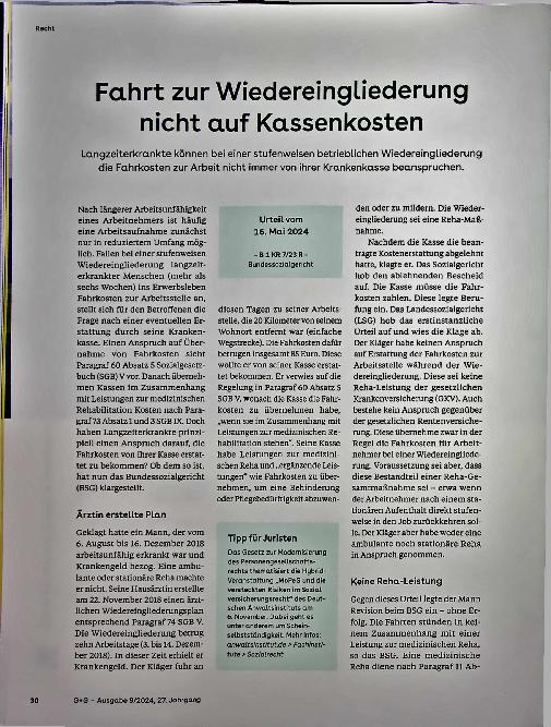 Vorschauseite 1: Fahrt zur Wiedereingliederung nicht auf Kassenkosten.