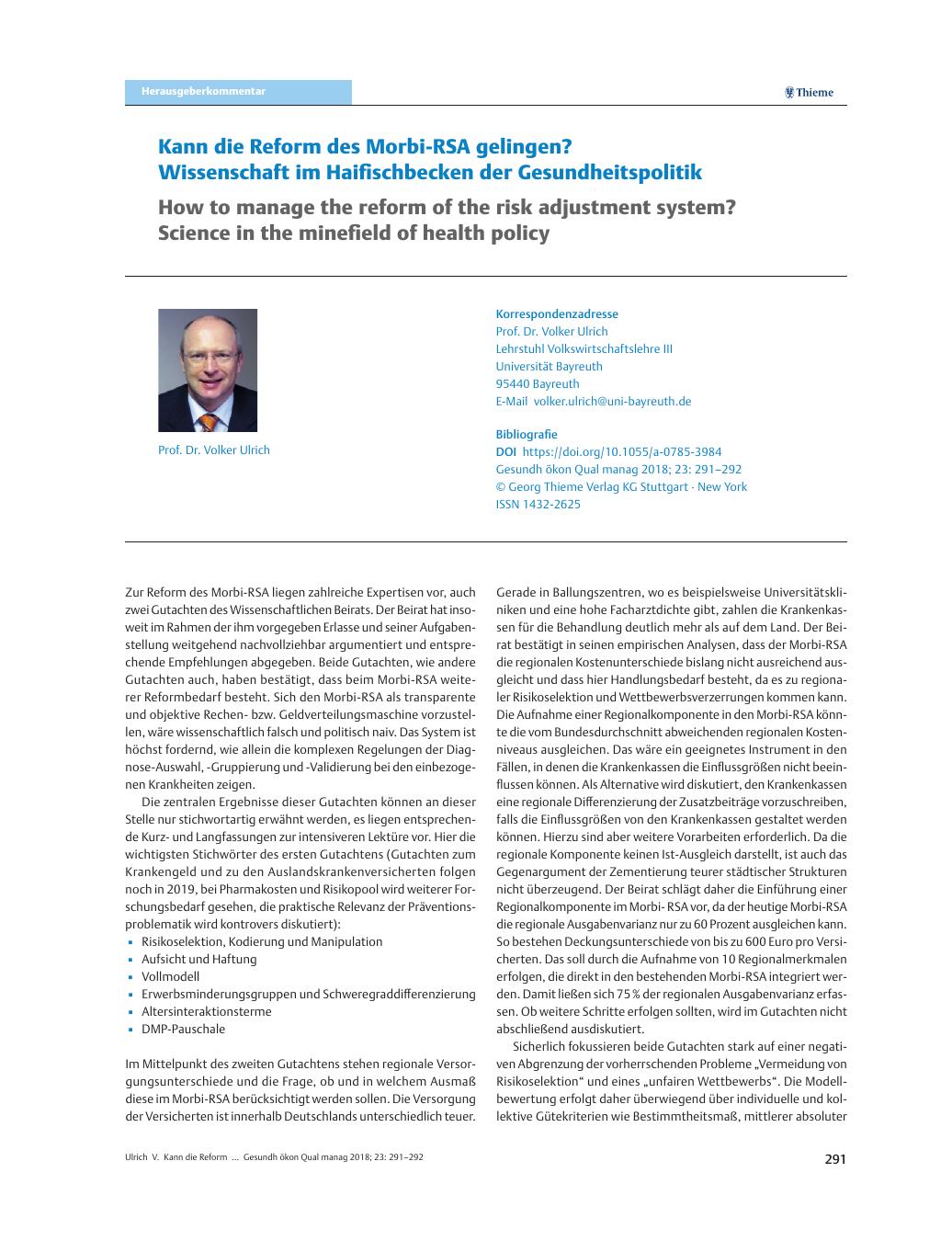 Vorschauseite 1: Kann die Reform des Morbi-RSA gelingen? Wissenschaft im Haifischbecken der Gesundheitspolitik