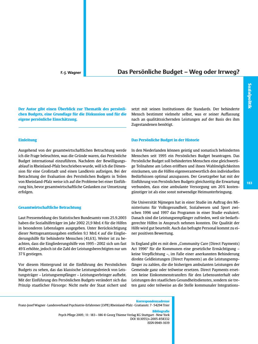 Vorschauseite 1: Das Persönliche Budget - Weg oder Irrweg?