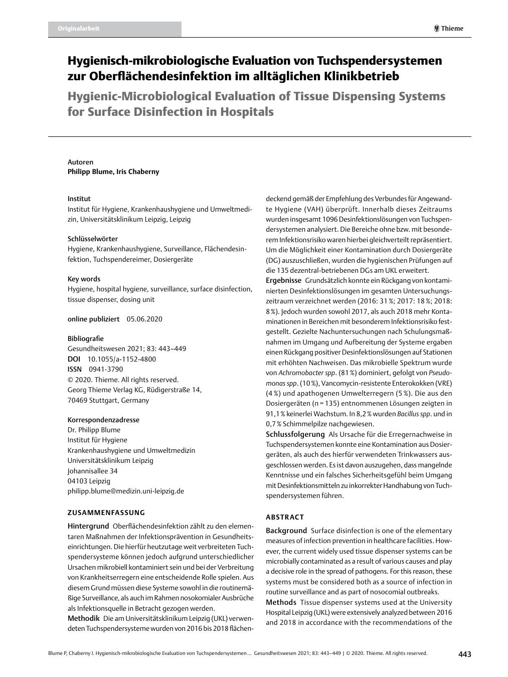 Vorschauseite 1: Hygienisch-mikrobiologische Evaluation von Tuchspendersystemen zur Oberflächendesinfektion im alltäglichen Klinikbetrieb