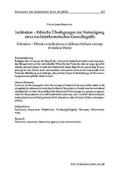 Vorschauseite 1: Indikation – Ethische Überlegungen zur Verteidigung eines medizintheoretischen Grundbegriffs
