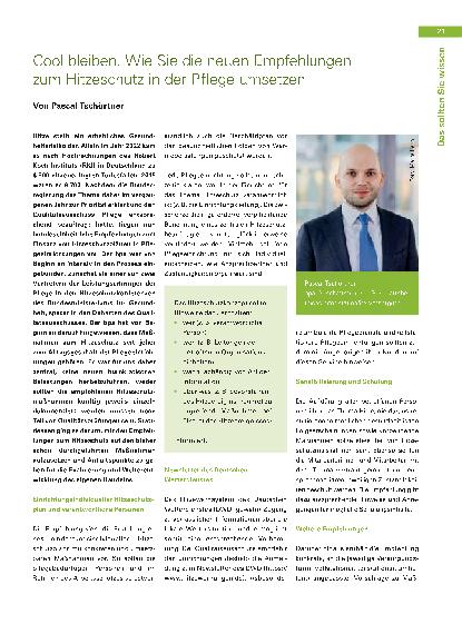 Vorschauseite 1: Cool bleiben. Wie Sie die neuen Empfehlungen zum Hitzeschutz in der Pflege umsetzen.