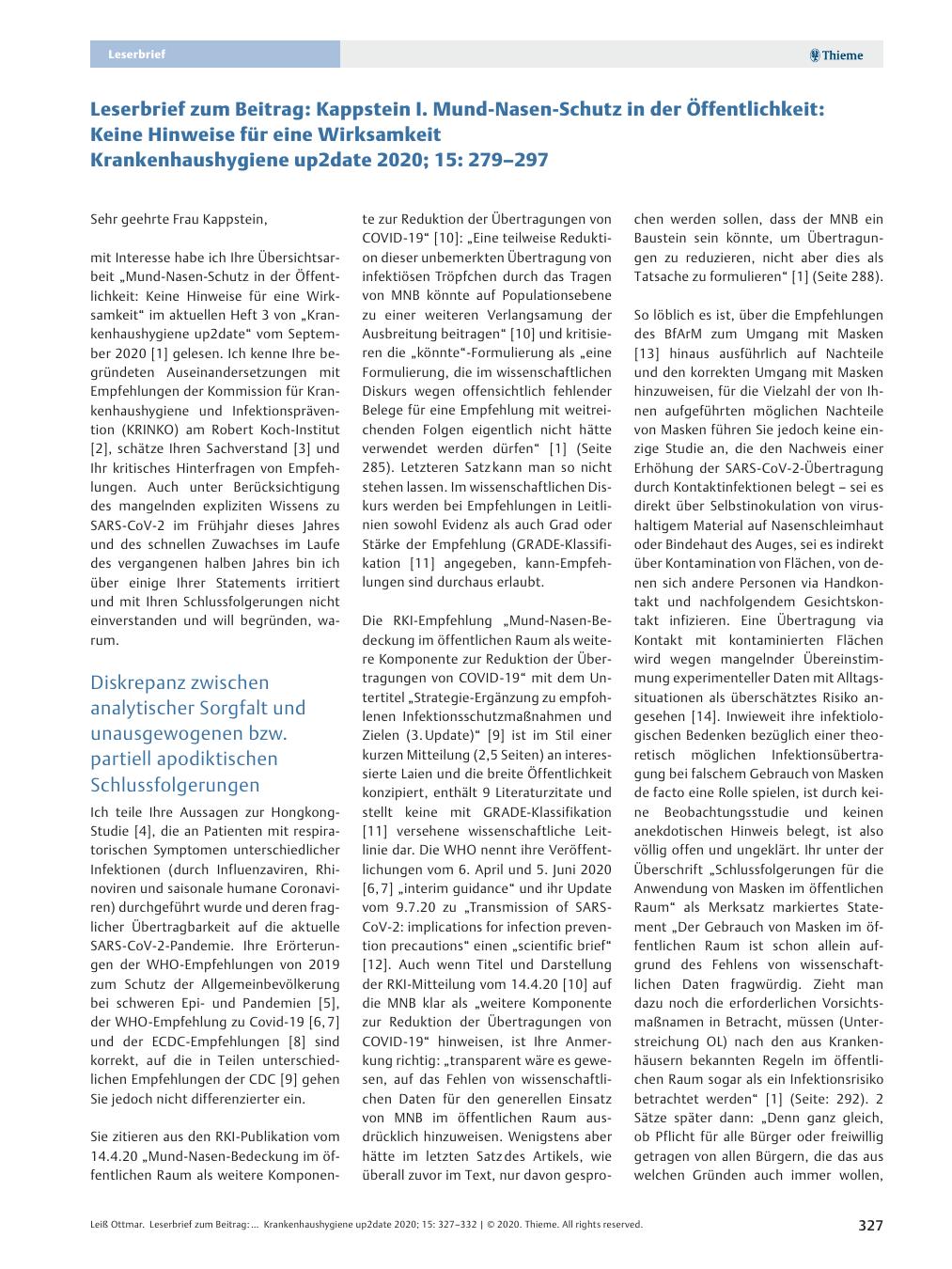 Vorschauseite 1: Leserbrief zum Beitrag: Kappstein I. Mund-Nasen-Schutz in der Öffentlichkeit: Keine Hinweise für eine Wirksamkeit. Krankenhaushygiene up2date 2020; 15: 279–297.