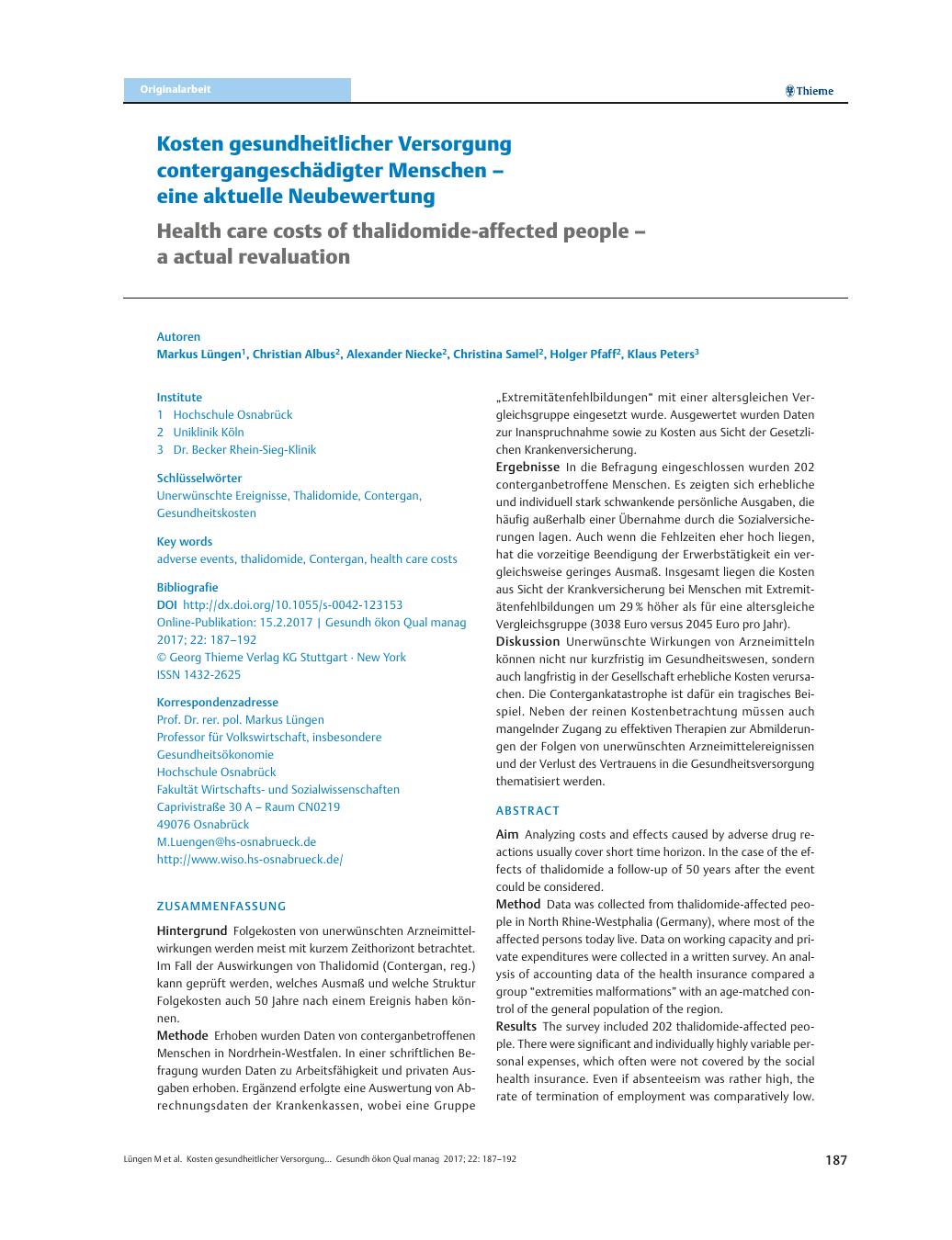 Vorschauseite 1: Kosten gesundheitlicher Versorgung contergangeschädigter Menschen – eine aktuelle Neubewertung