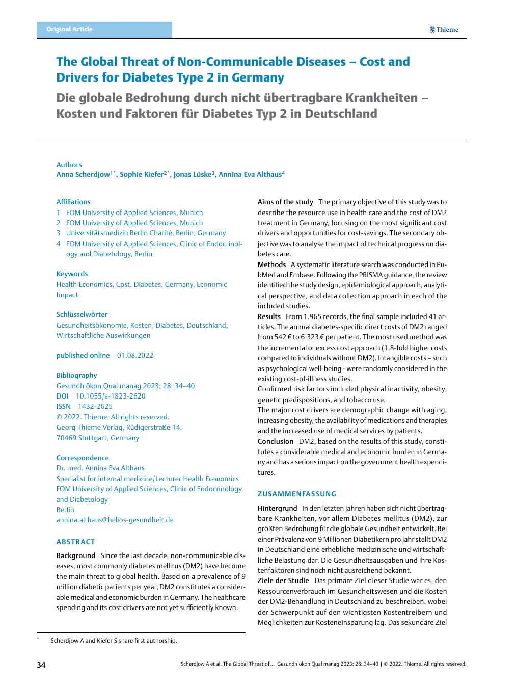 Vorschauseite 1: The Global Threat of Non-Communicable Diseases – Cost and Drivers for Diabetes Type 2 in Germany