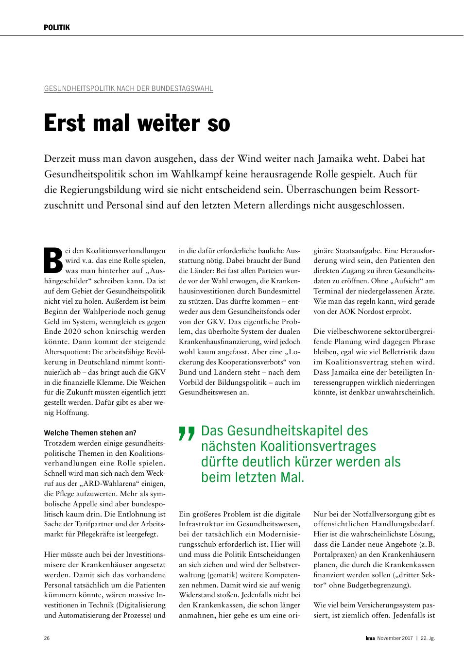 Vorschauseite 1: Gesundheitspolitik nach der Bundestagswahl: Erst mal weiter so