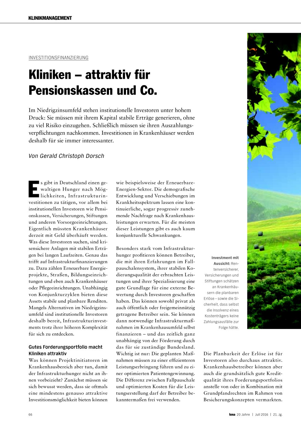 Vorschauseite 1: Investitionsfinanzierung: Kliniken – attraktiv für Pensionskassen und Co.