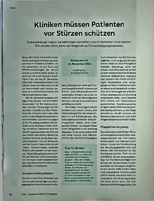 Vorschauseite 1: Kliniken müssen Patienten vor Stürzen schützen.