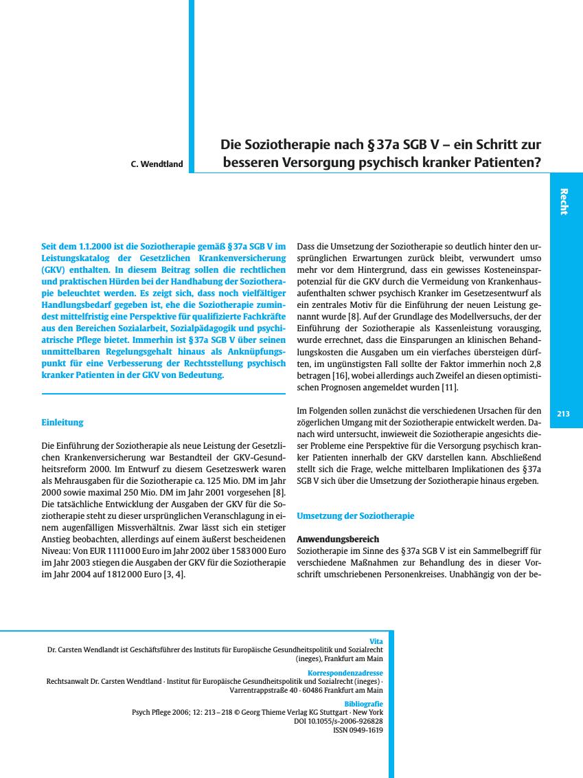 Vorschauseite 1: Die Soziotherapie nach § 37a SGB V - ein Schritt zur besseren Versorgung psychisch kranker Patienten?
