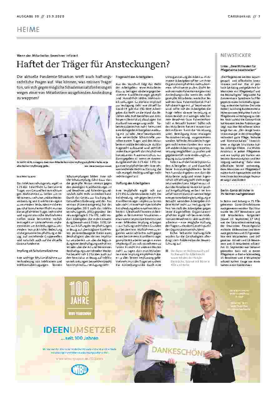 Vorschauseite 1: Wenn der Mitarbeiter Bewohner infiziert, haftet der Träger für Ansteckungen?