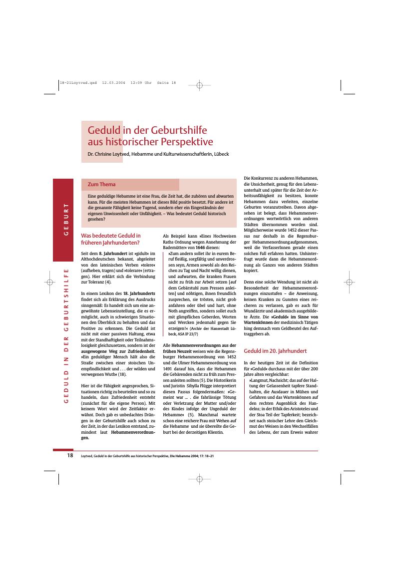 Vorschauseite 1: Geduld in der Geburtshilfe aus historischer Perspektive