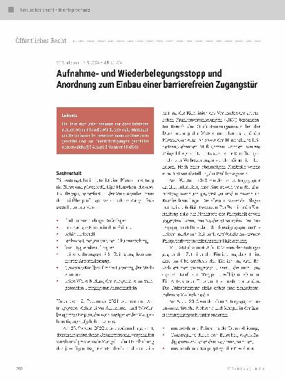 Vorschauseite 1: Aufnahmeund Wiederbelegungsstopp und Anordnung zum Einbau einer barrierefreien Zugangstür.